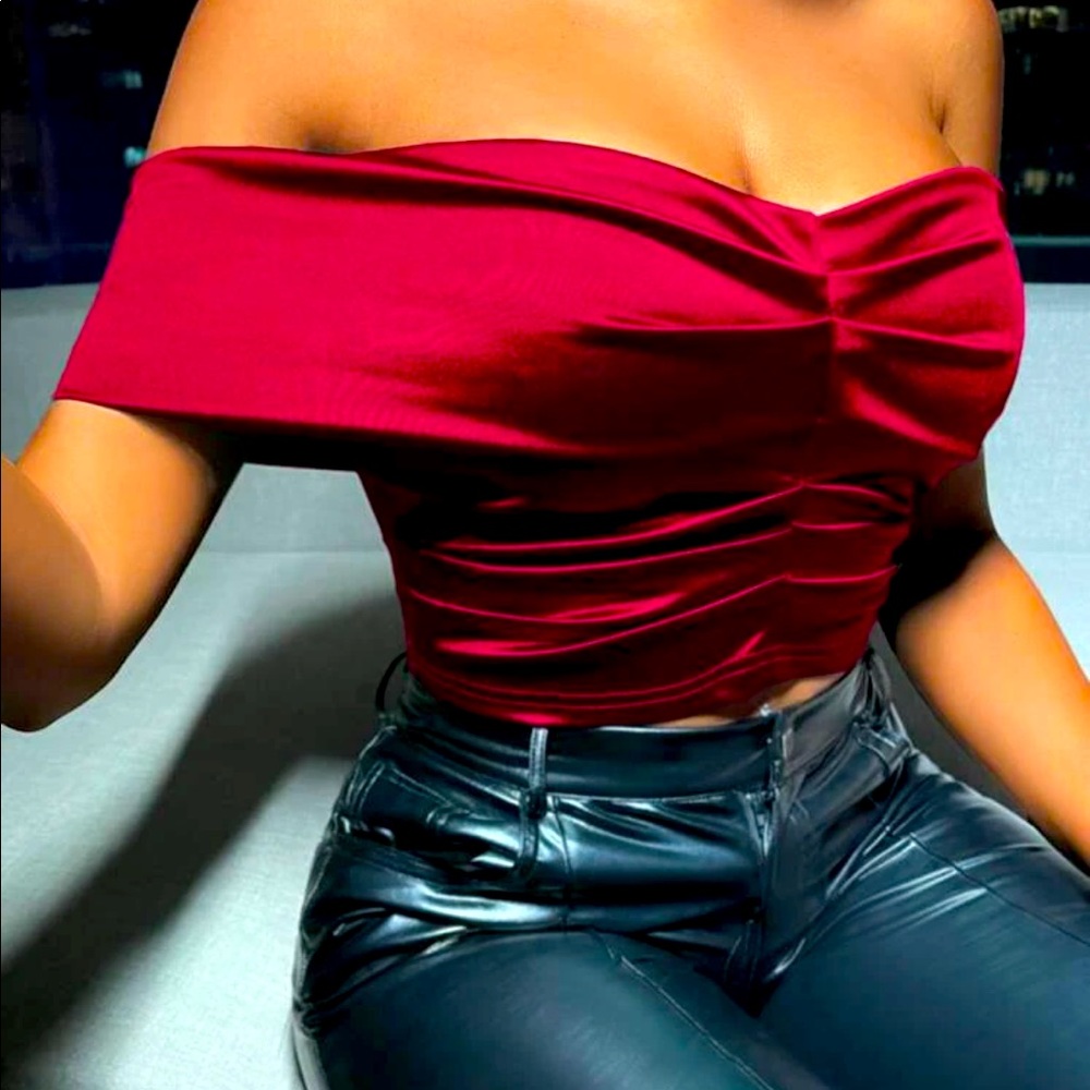 Over the shoulder red satin crop top. BRAND NEW